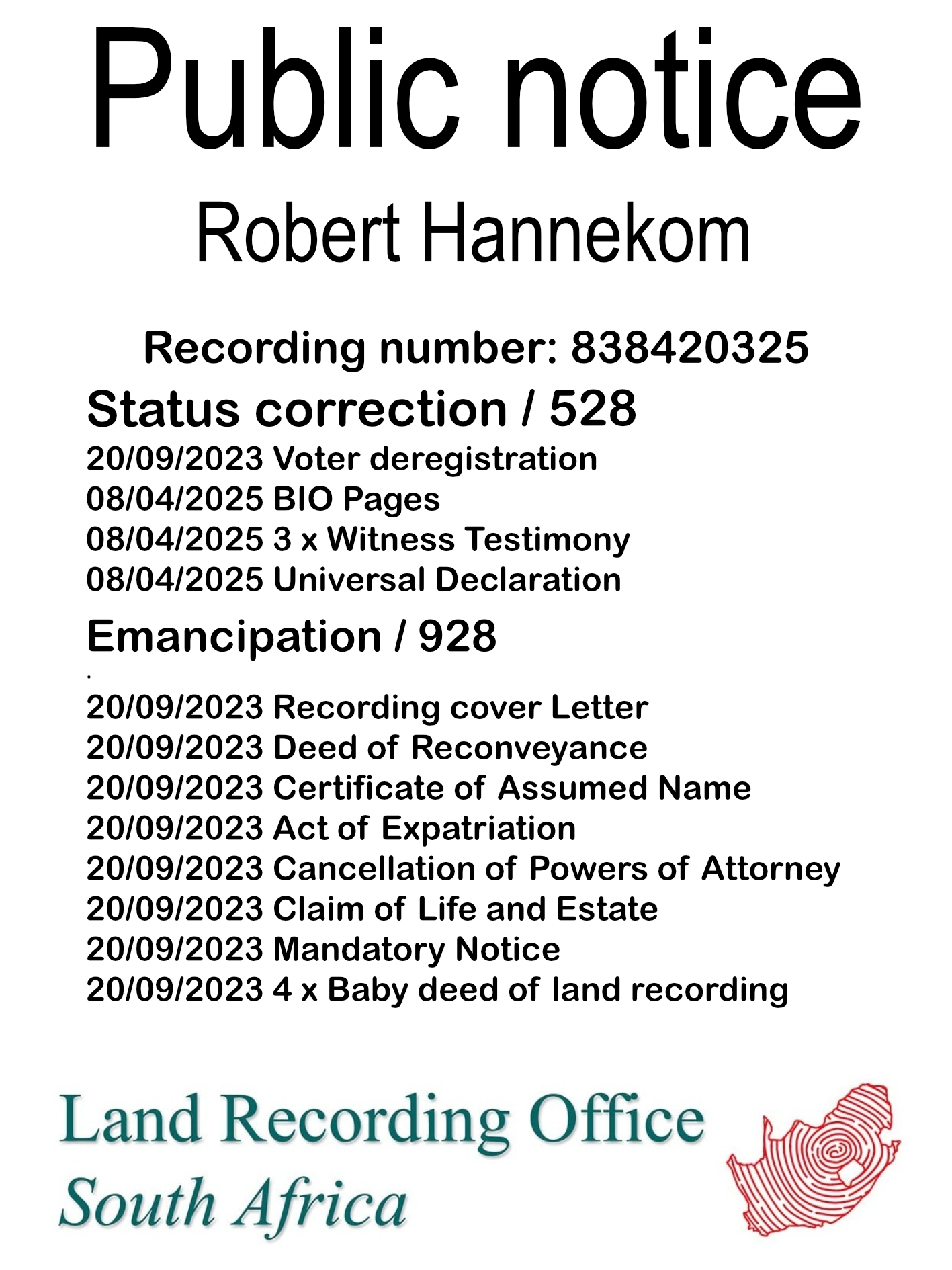Public Notice Robert Hannekom (c) Recording number 838420325